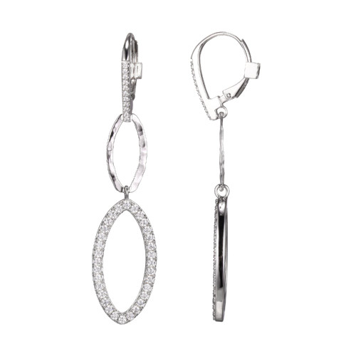 Sterling Silver Earrings Made With Marquise Hammered Links And Cz Link (24X12Mm), Lever Back, Rhodium Plated