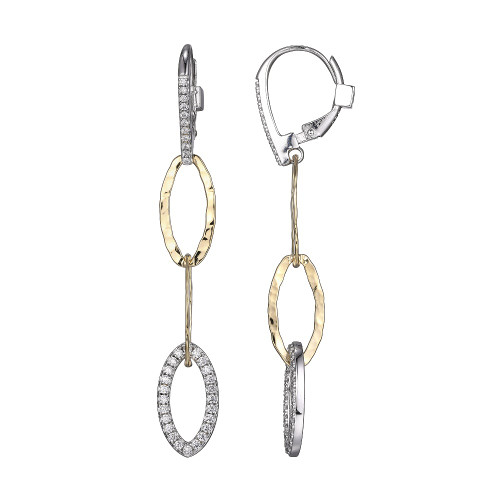Sterling Silver Earrings Made With Marquise Hammered Links And Cz Link (16X8Mm), Lever Back, 2 Tone, Yellow Gold And Rhodium Plated