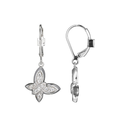 Sterling Silver Earrings With Cz Butterfly (12X10Mm), Lever Back, Rhodium Plated