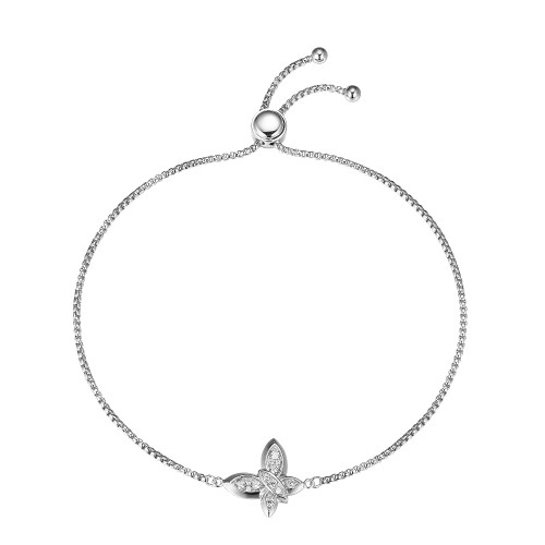 Sterling Silver Bolo Bracelet With Cz Butterfly (12X10Mm), Circumference Up To 9", Rhodium Plated
