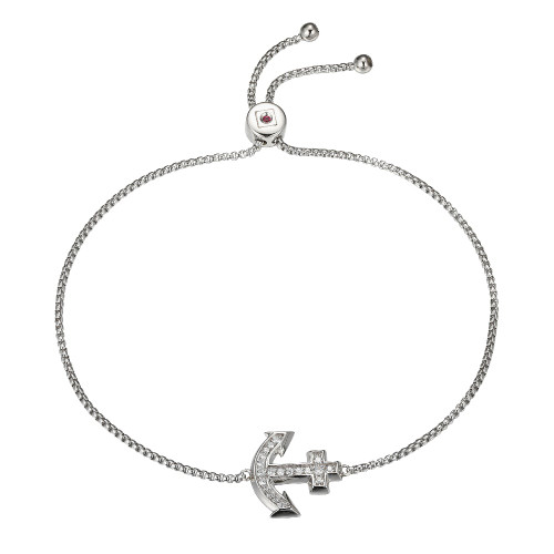 Sterling Silver Bolo Bracelet With Cz Anchor (14X14Mm), Circumference Up To 9", Rhodium Plated