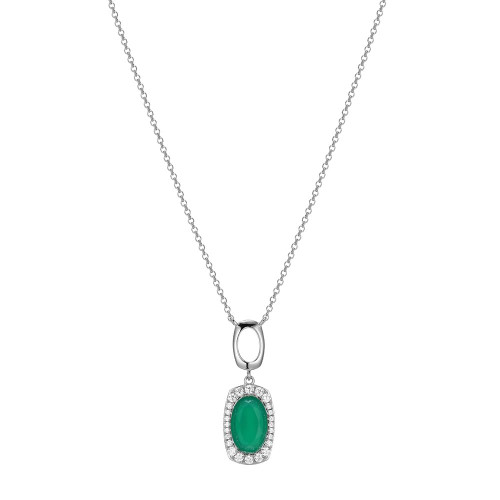 Sterling Silver Necklace With Oval Shape Genuine Chrysoprase (11X7X3.5Mm) And Cz, Measures 17" Long, Plus 3" Extender For Adjustable Length, Rhodium Plated
