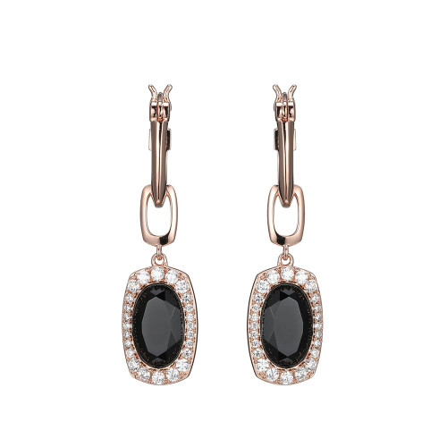 Sterling Silver Earrings With Oval Shape Genuine Black Agate (11X7X3.5Mm) And Cz, Hoop Size 14.5X10Mm, Snap Bar, Rose Gold Plated