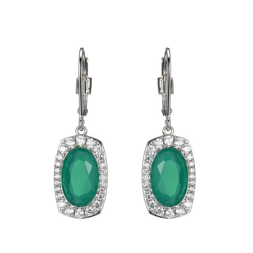Sterling Silver Earrings With Oval Shape Genuine Chrysoprase (11X7X3.5Mm) And Cz, Lever Back, Rhodium Plated