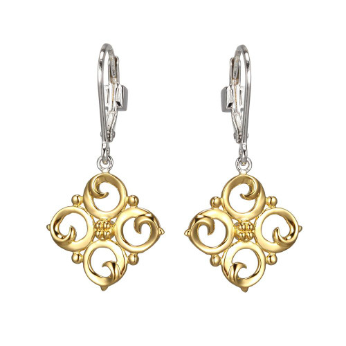 Sterling Silver Drop Earrings, Motif Size 16Mm, Lever Back, 2 Tone, Yellow Gold And Rhodium Plated