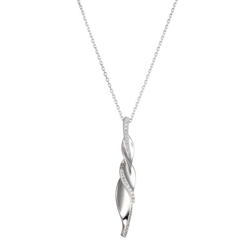 Sterling Silver Necklace, 3-Leaf (52X10Mm) With Cz, Measures 18" Long, Plus 2" Extender For Adjustable Length, Rhodium Plated