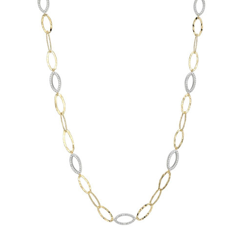 Sterling Silver Necklace Made With Hammered Marquise Chain (8Mm) And 7 Double Sided Cz Link Stations (16X8Mm), Measures 17" Long, Plus 2" Extender For Adjustable Length, Yellow Gold And Rhodium Plated