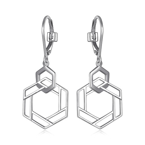 Sterling Silver Intertwined Hexagon (21X15Mm) Dangle Earrings, Lever Back, Rhodium Plated