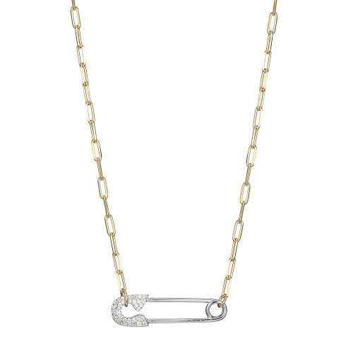 Sterling Silver Necklace Made Of Paperclip Chain (2Mm) And Cz Safety Pin (30X8Mm) In Center, Measures 17" Long, Plus 2" Extender For Adjustable Length, 2 Tone, 18K Yellow Gold And Rhodium Plated