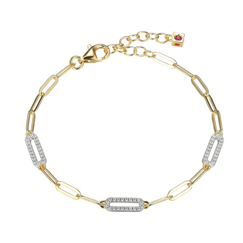 Sterling Silver Bracelet Made Of Paperclip Chain (3Mm) And 3 Cz Link (12X4Mm) Stations, Measures 6.5" Long, Plus 1.25" Extender For Adjustable Length, 2 Tone, 18K Yellow Gold And Rhodium Plated