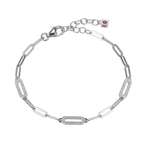 Sterling Silver Bracelet Made Of Paperclip Chain (3Mm) And 3 Cz Link (12X4Mm) Stations, Measures 6.5" Long, Plus 1.25" Extender For Adjustable Length, Rhodium Plated