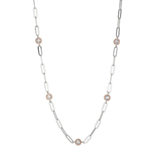 Sterling Silver Necklace Made Of Paperclip Chain (3Mm) And 5 Cz (4Mm) Stations, Measures 16" Long, Plus 2" Extender For Adjustable Length, 2 Tone, Rhodium And  Rose Gold Plated