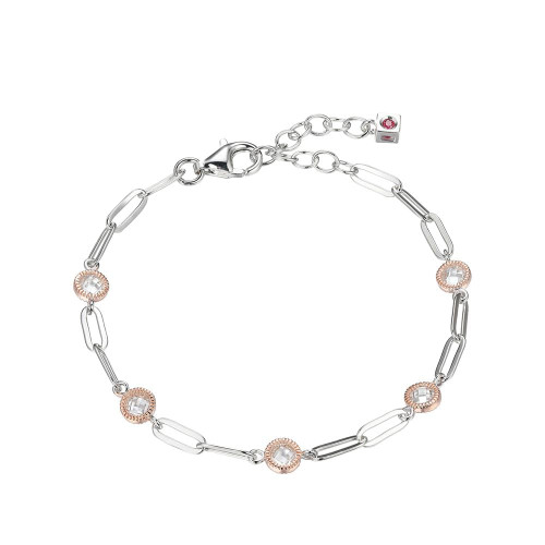 Sterling Silver Bracelet Made Of Paperclip Chain (3Mm) And 5 Cz (4Mm) Stations, Measures 6.5" Long, Plus 1.25" Extender For Adjustable Length, 2 Tone, Rhodium And  Rose Gold Plated