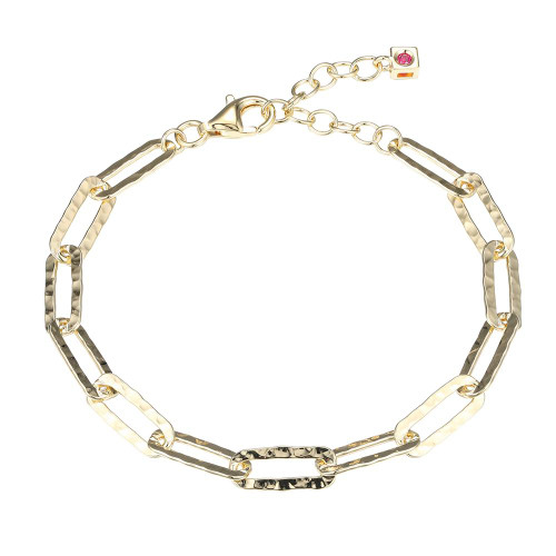 Sterling Silver Bracelet Made Of Hammered Paperclip Chain (6Mm), Measures 6.5" Long, Plus 1.25" Extender For Adjustable Length, 18K Yellow Gold Plated