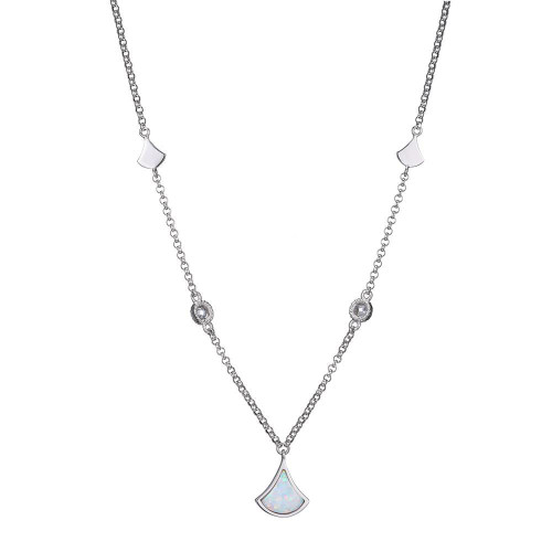 Sterling Silver Necklace With Created Opal (8X1.25Mm) And Cz, 16+3", Rhodium Plated