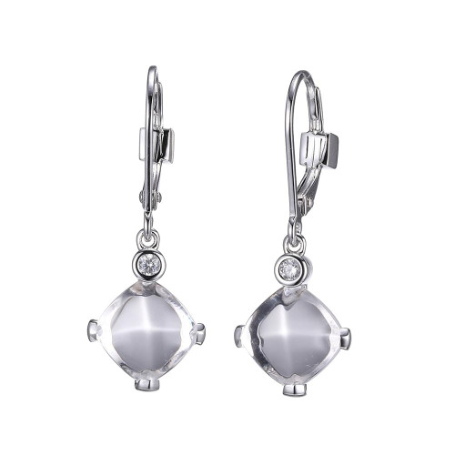 Sterling Silver Earrings Made Of Synthetic White Crystal (Cushion 8X8X5Mm) And Cz, Lever Back, Rhodium Plated