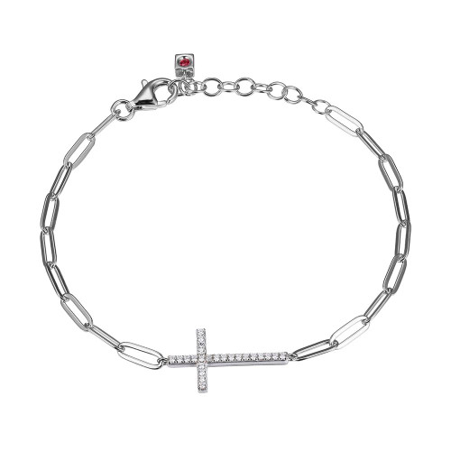 Sterling Silver Bracelet Made Of Paperclip Chain (3Mm) And Cz Crosterling Silver  In Center, Measures 6.5" Long, Plus 1.25" Extender For Adjustable Length, Rhodium Plated