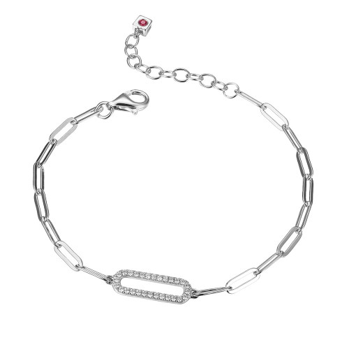 Sterling Silver Bracelet Made Of Paperclip Chain (3Mm) And Cz Link (18X6Mm) In Center, Measures 6.5" Long, Plus 1.25" Extender For Adjustable Length, Rhodium Plated