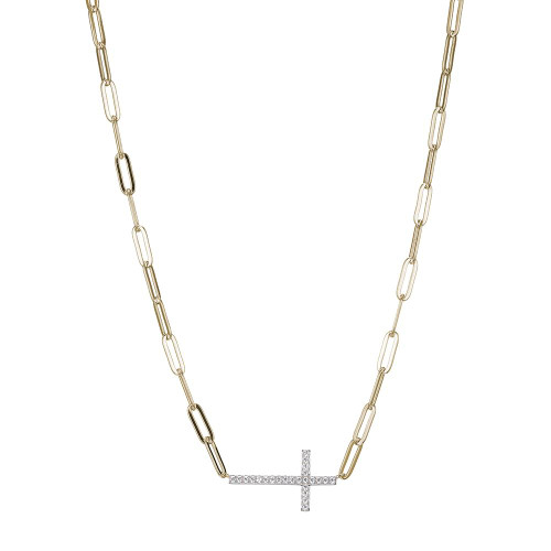 Sterling Silver Necklace Made Of Paperclip Chain (3Mm) And Cz Crosterling Silver  In Center, Measures 17" Long, Plus 2" Extender For Adjustable Length, 2 Tone, 18K Yellow Gold And Rhodium Plated