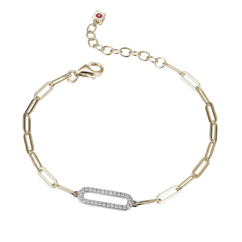 Sterling Silver Bracelet Made Of Paperclip Chain (3Mm) And Cz Link (18X6Mm) In Center, Measures 6.5" Long, Plus 1.25" Extender For Adjustable Length, 2 Tone, 18K Yellow Gold And Rhodium Plated
