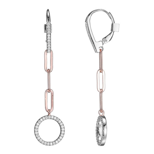 Sterling Silver Drop Earrings Made Of Paperclip Chain (3Mm) And Cz Circle (12Mm), 2 Tone, Rose Gold And Rhodium Plated