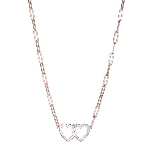 Sterling Silver Necklace Made Of Paperclip Chain (3Mm) And 2 Hearts In Center, Measures 17" Long, Plus 2" Extender For Adjustable Length, 2 Tone, Rose Gold And Rhodium Plated