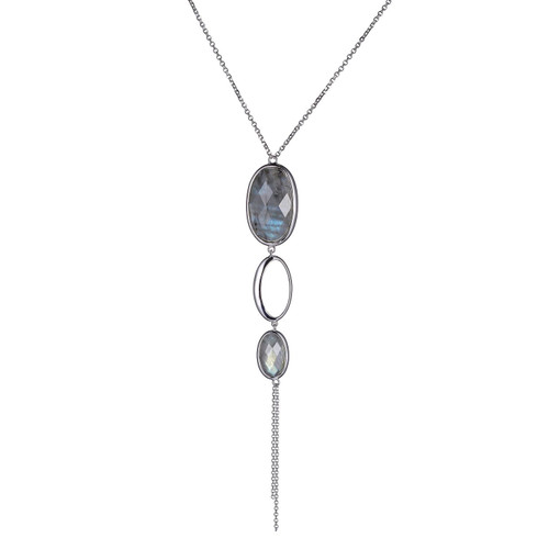 (Xwwelle)Sterling Silver  Rhod Pltd Neck G Labradorite(With Color)(2A) (F-C)Ov 23X14X6Mm & (F-C)Ov 13X8X4Mm 1.55Mm Faceted Rolo Chain 28" Ext 2"