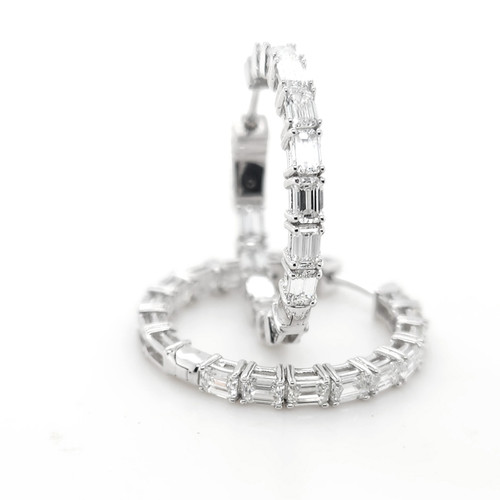 14KT White Gold Round & Baguette Cut Diamond Hoop Earrings 3.40 CTW