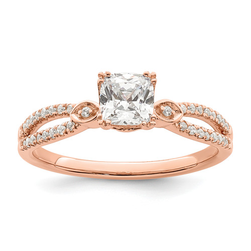 14KT Rose Gold Split Shank (Holds 1/2 carat (4.9mm) Cushion Center) 1/8 carat Diamond Semi-Mount Engagement Ring