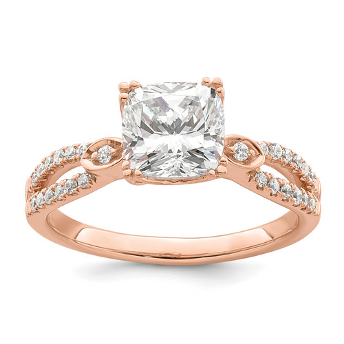 14KT Rose Gold Split Shank (Holds 1.5 carat (7.00mm) Cushion Center) 1/6 carat Diamond Semi-Mount Engagement Ring