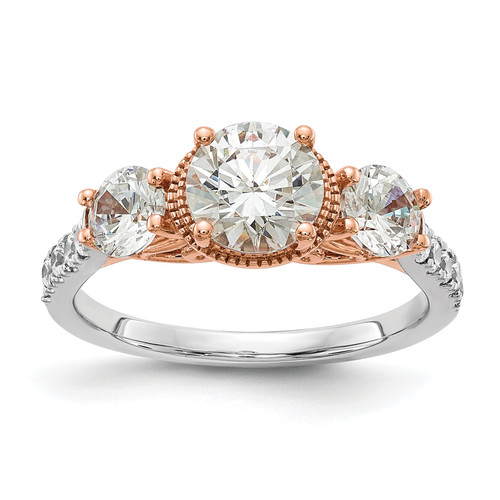 14KT White and Rose Gold 3-Stone (Holds 1 carat (6.5mm) Round Center and (2-4.6mm) Round Sides) Diamond Semi-mount Engagement Ring