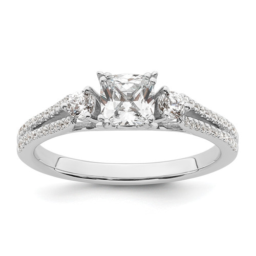 14KT White Gold 3 Stone 1/2ct Cushion Semi-Mount Including 2-2.6mm Side Stones Engagement Diamond Ring