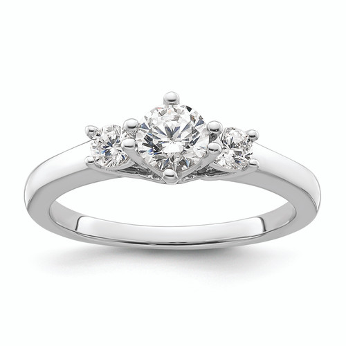 14KT White Gold 3-Stone (Holds 1/2 carat (5.2mm) Round Center) Includes 2-3.0mm Round Side Stones Semi-Mount Engagement Ring