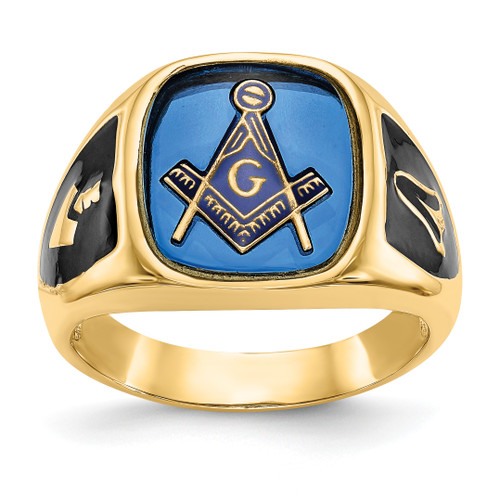 10KT Men's Polished, Antiqued and Textured with Imitation Blue Spinel Masonic Ring