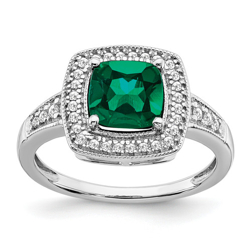 14KT White Gold Cushion Created Gemstone and Diamond Halo Ring