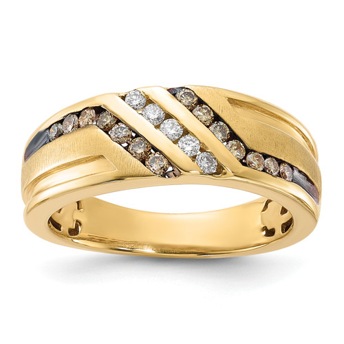 10KT Yellow Gold White and Brown Diamonds, Satin & Black Enamel Ring