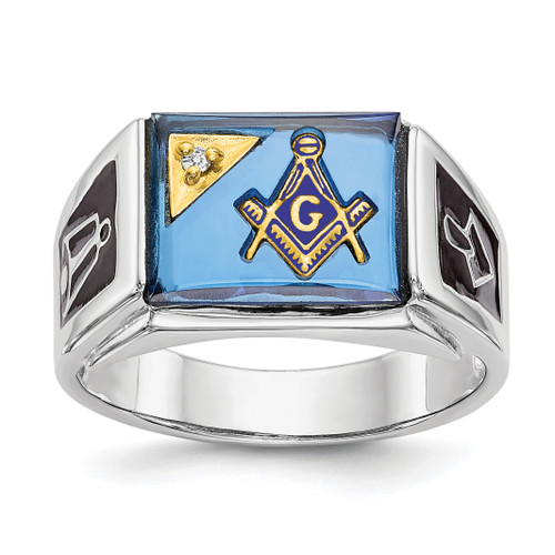 14KT White Gold Men's Polished and Textured with Black Enamel, Diamond and Imitation Blue Spinel Masonic Ring