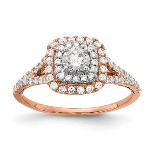 14KT Rose and White Gold Double Halo (Holds 1/3 carat (4.5mm) Round Center) 1/2 carat Diamond Semi-mount Engagement Ring