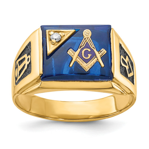 14KT Men's Polished and Textured with Black Enamel, Imitation Blue Spinel and AA Quality Diamond Masonic Ring