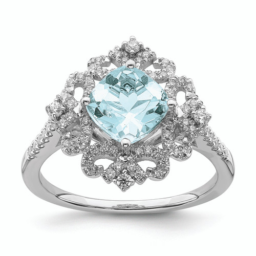 Blooming Bridal 14KT White Gold Vintage 7.00mm Cushion-cut Aquamarine and 1/3 carat Diamond Complete Engagement Ring