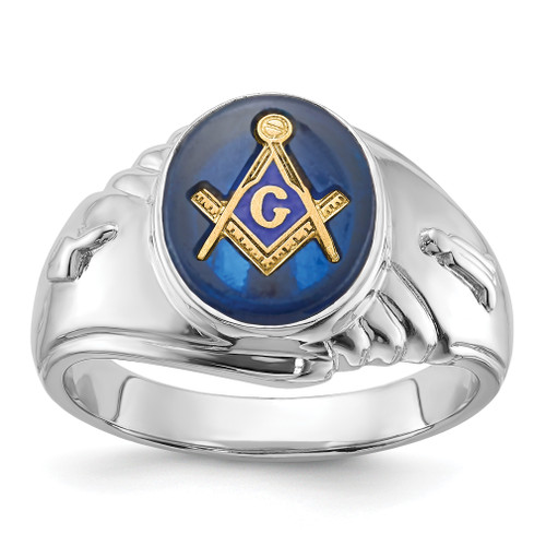 14KT White Gold Men's Polished and Textured with Imitation Blue Spinel Masonic Ring
