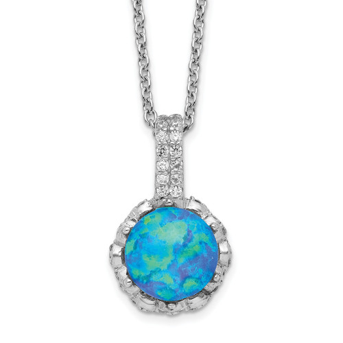 Cheryl M Sterling Silver Rhodium-plated Cabochon Lab Created Blue Opal and Brilliant-cut Cubic Zirconia 18.25 Inch Necklace