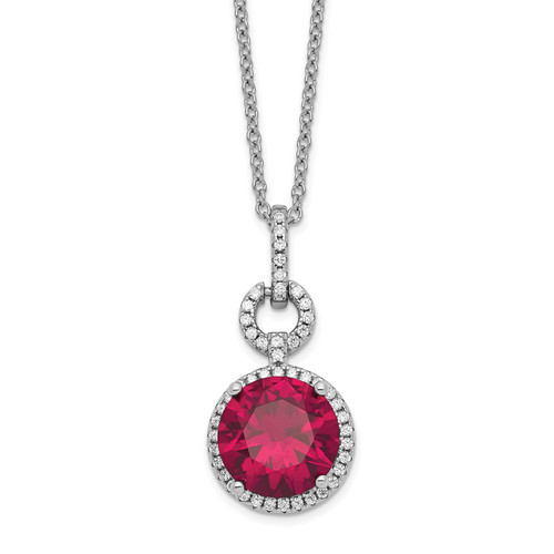 Cheryl M Sterling Silver Rhodium-plated Brilliant-cut Lab Created Ruby and Brilliant-cut White Cubic Zirconia Round Halo 18 Inch Necklace