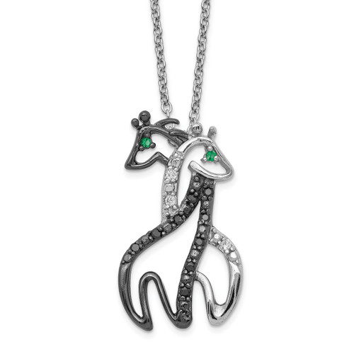 Cheryl M Sterling Silver Rhodium-plated with Black Rhodium Accent Brilliant-cut Black Green and White Cubic Zirconia Giraffes 18 Inch Necklace