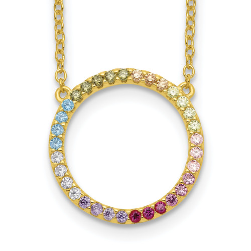 Prizma Sterling Silver Gold-tone 14K Flash Gold-plated 16 inch Colorful Cubic Zirconia Open Circle Necklace with 2 inch Extender
