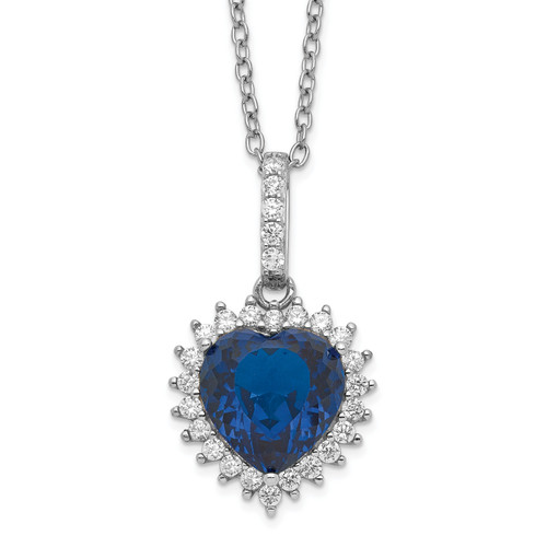 Cheryl M Sterling Silver Rhodium-plated 100 Facet Lab Created Dark Blue Spinel and Brilliant-cut White Cubic Zirconia Heart Halo 18 Inch Necklace