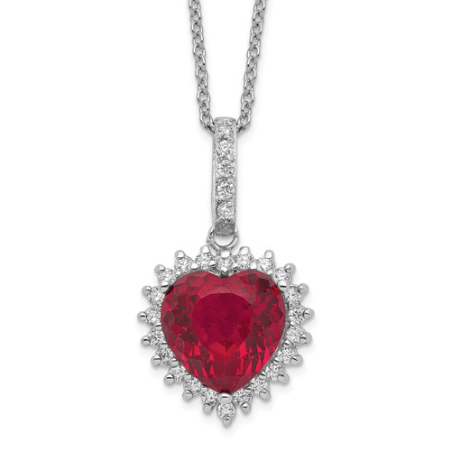 Cheryl M Sterling Silver Rhodium-plated 100 Facet Lab Created Ruby and Brilliant-cut White Cubic Zirconia Heart Halo 18 Inch Necklace