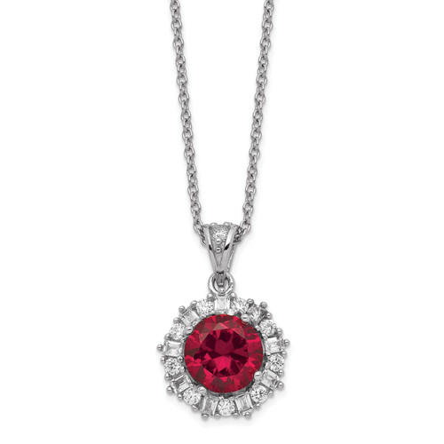 Cheryl M Sterling Silver Rhodium-plated Brilliant-cut Lab Created Ruby and Brilliant-cut/Baguette-cut White Cubic Zirconia 18 Inch Necklace