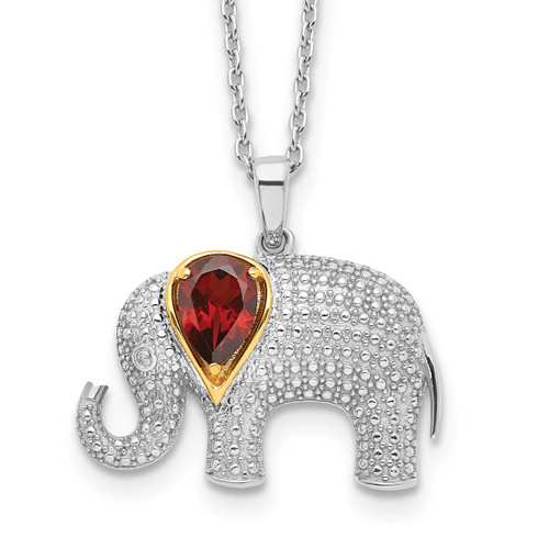 Sterling Silver with 14K Accent Rhodium-plated Gemstone & Diamond Elephant Necklaces