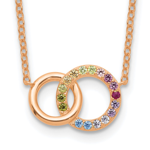 Prizma Sterling Silver Rose-tone 14K Flash Rose Gold-plated 16 inch Colorful Cubic Zirconia Intertwined Circle Necklace with 2 inch Extender
